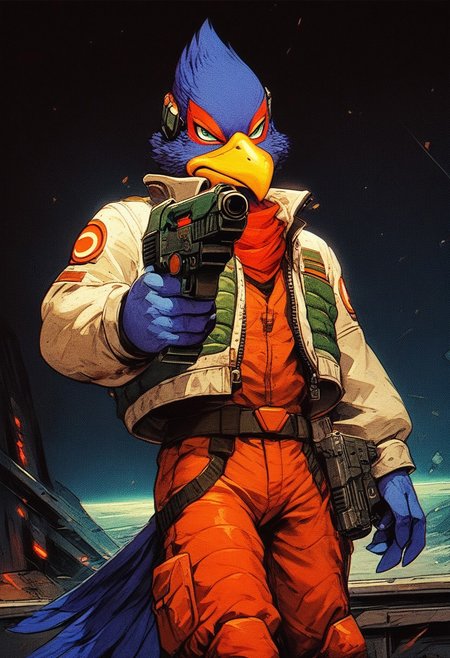 score_9, score_8, score_7, score_6, 1boy, solo, knva, halftone effect, science fiction, Falco lombardi, anthro furry, furry male, spaceship, dynamic pose, (((gun, sci-fi gun)))