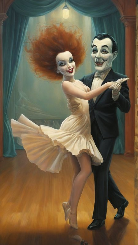 a surreal image in lowbrow art style of a gorgeous couple dancing Rumba on a dancefloor, joyful facial expression, sexy, A nightmare mood.