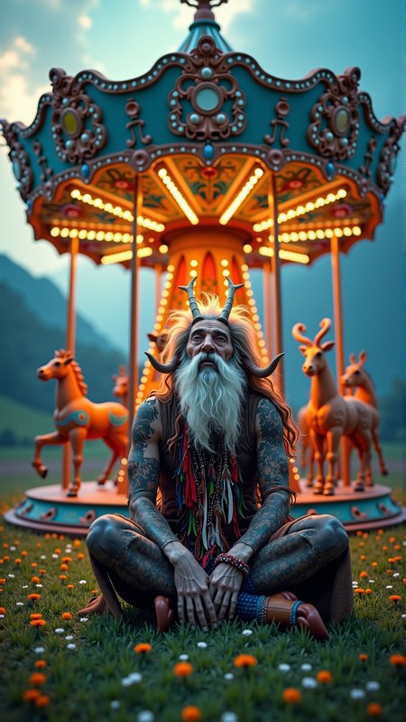 A creative picture of a KrampusStyle A shaman with wild grey hair and a wispy beard, dressed in a worn deerskin tunic adorned with feathers, bones, and colorful threads, sits cross-legged in the center of a vibrant merry-go-round, its wooden horses, giraffes, and other animals intricately carved and painted in bright hues, as the structure slowly rotates, surrounded by a lush green field dotted with wildflowers of every color, the sun shining down, casting a warm glow, the shaman's eyes closed, hands raised to the sky, face tilted upwards, mouth open in a silent chant, a halo of light around their head, the air filled with swirling patterns of light and energy, visions of ancient rituals, mystical creatures, and far-off lands unfolding like a kaleidoscope around them, the merry-go-round's music, a lively mix of drums, flutes, and chimes, blending with the whispers of the wind, as the shaman's trance deepens, the visions intensify, and the colors around them grow more vivid, the scene a dynamic, dreamlike tapestry of sound, color, and movement.. Dark, atmospheric and moody atmosphere.
<lora:KrampusStyleFlux:__wildcards/numbers/07-09__>