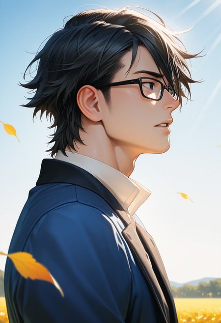 masterpiece, best quality, amazing quality, absurdres, newest, detailed background, definition so sharp, Ultra-HD, 8K cinematic, very awa, impressionate, amazing quality, highres, d10w21ll,
solo, male focus, manly, mature male, bara, day, blue sky, outdoor, sunbeam, windy, flying leaf, 
1boy, short hair, glasses, saruhikofushimi, saruhiko_black hair, saruhiko_black eyes, blue coat, collared shirt, side view, looking far away,
calm expression, parted lips, depth on field, upper body, focus on scene
