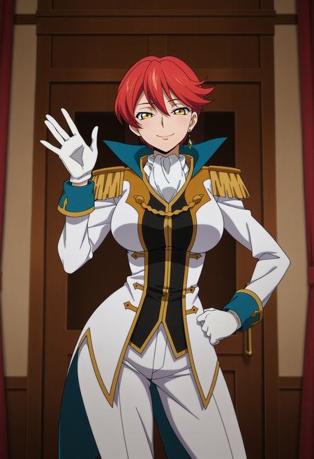 1girl,solo,mm,mature female,short hair,red hair,yellow eyes,single earring,large breasts,anime coloring,
uniform,epaulettes,gloves,ascot,cowboy shot, waving, hand on own hip, contrapposto, indoors,smile,looking at viewer, 
,masterpiece,best quality,amazing quality,<lora:Narah_Vaughn-Code_Geass-Dakkan_no_Rozé:0.8>