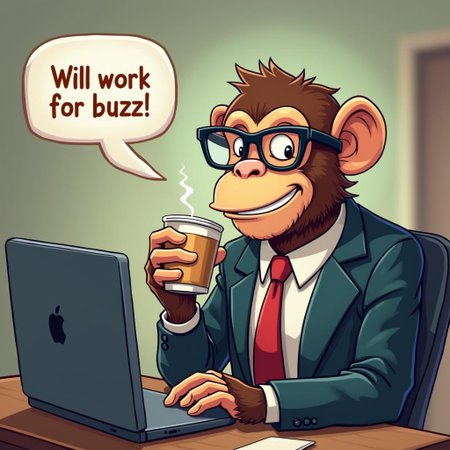 Monkey in suit, glasses, coffee, business man, indoors, company, computer,he has speech bubbles that reads:"Will work for buzz!"