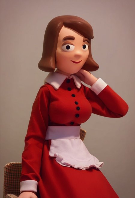 ((bedroom background)),score_9, score_8_up, score_7_up,score_6_up, 
1girl, Solo, BlobertaP_MO, light skin, brown hair, short hair, black eyes, red lips, brown eyebrows, big eyes, long red dress with sleeves, white apron for waist, black flat shoes, medium stature, social smile, sexy face, cowboy shot, perfect eyes, perfect smile, looking at the viewer, big breasts, detailed eyes, perfect eyes, very close-up