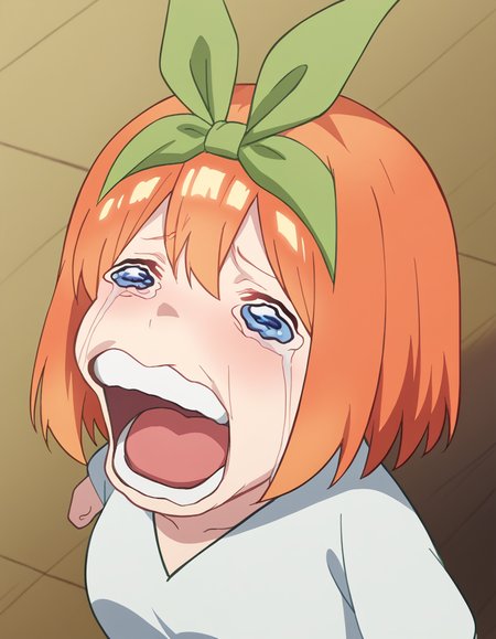 score_9, score_8_up, score_7_up, source_anime, <lora:yotsuba-nakano-s2-ponyxl-lora-nochekaiser:1>, yotsuba nakano, bangs, short hair, blue eyes, hair between eyes, hair ribbon, hairband, orange hair, green ribbon, large breasts,, <lora:chopper-crying-ponyxl-lora-nochekaiser:1> chopper crying, chopper crying (meme), meme, wavy eyes, crying, tears, teeth, open mouth, tongue,, ,