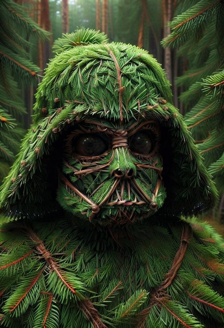 (HD, masterpiece, best quality, ultra detailed), pg-rated, a Darth Vader made out of fir needles, fir needle style, fir needle, made out of fir needles, fir forest background
