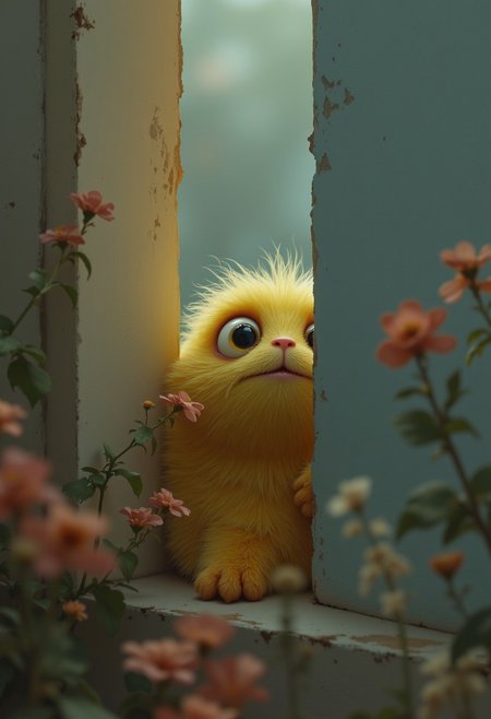 A whimsical creature peeks into the right side of a vertical canvas, its large, curious eyes staring directly into the frame as if observing the viewer. The frame itself appears to bend slightly, reacting to the creatureâs playful presence, creating the illusion that itâs part of the scene, Vibrant Glow