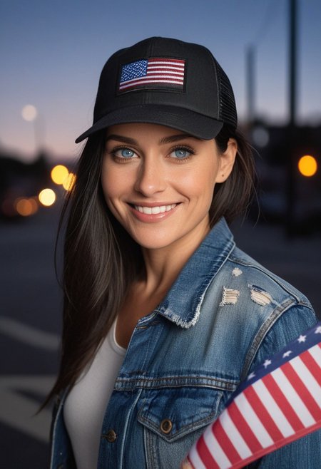 30yo woman holding an American flag.
Blue eyes. perfecteyes 
Wearing Denim jacket trucker hat. 
Long dark black slick back hair. No makeup. Dusk, Street light. Looking at camera POV. Smiling. Tilt head.
Medium Close Up shot. Bokeh. Bokeh light. semi Blurred background.