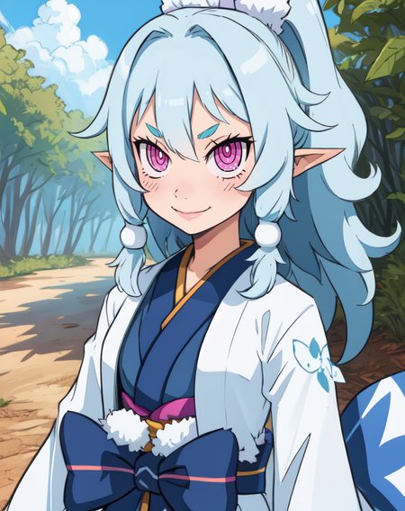 Ao, teal hair, purple eyes,  pointy ears,  pink eyes, 
white kimono,  evil smile, 
upper body,   standing,   
outdoors,   
(insanely detailed, beautiful detailed face, masterpiece, beautiful detailed eyes, best quality),
 <lora:Ao:0.7>