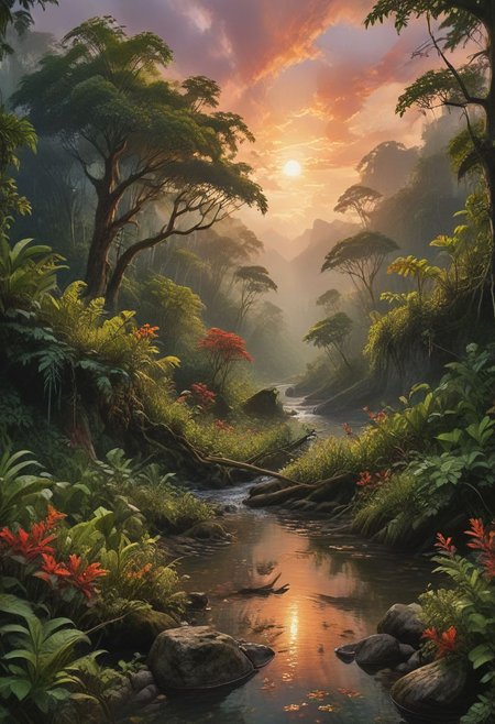 A stunning vista of a lush, untouched tropical rainforest, bathed in the warm, golden light of the setting sun. The sky above is a vivid mix of crimson, orange, and yellow hues, with a few wispy clouds dotting the horizon. In the foreground, a towering tree, adorned with vibrant green leaves and a canopy of delicate, intricate branches, stands tall, its trunk disappearing into the dense undergrowth. A small stream, glistening with reflected light, meanders through the frame, its crystal-clear water cascading over smooth rocks and creating a soothing soundtrack for the scene. Directly behind the tree, the forest gives way to a picturesque river, its glassy surface reflecting the vibrant colors of the sky and the surrounding vegetation. In the distance, a hazy mountain range rises up from the horizon, its peaks shrouded in wispy clouds, their jagged outlines contrasting beautifully with the serene, idyllic landscape before them. This award-winning nature photograph perfectly captures the breathtaking beauty and fragile balance of life in a tropical rainforest ecosystem.