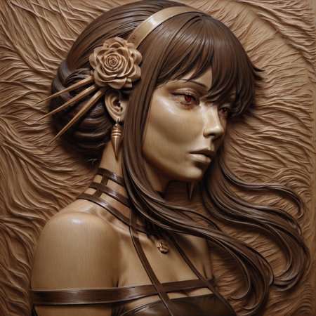 masterpiece, best quality, newest, absurdres, highres, WCILV1.0, wood, wood carving (medium), realistic, brown theme, monochrome, 1girl, yor_briar, spy_x_family, black_hair, red_eyes, black dress,