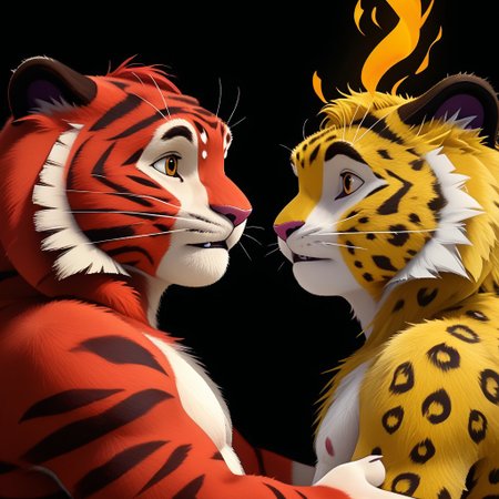 score_9, score_8_up, score_7_up, text by zBodiRD,
leoandtig, crossover, tiger, white background, leo, leopard, yellow fluffy leopard, the leopard's fur is short, soft and thick, bright yellow with small black dots, The tiger's body also seems full because of its thick fur. The body is large, strong, powerful and dense. The paws are heavy, strong, wide and powerful - well adapted for fighting, The fur is fluffy, long, thick, soft and warm, fiery orange, almost red in color, There are thin black stripes all over the body (they are missing only between the eyes),
dutch angle, high quality, hires, anthro, detailed background, detailed eyes, emotional, easy negative, teeth, blurry background, furry, pectorals, furry_male, furry, (Beautiful colors), (colorful), bright colors, (highlighted), 
different sizes of characters, they hold hands, balls, Split Lighting style