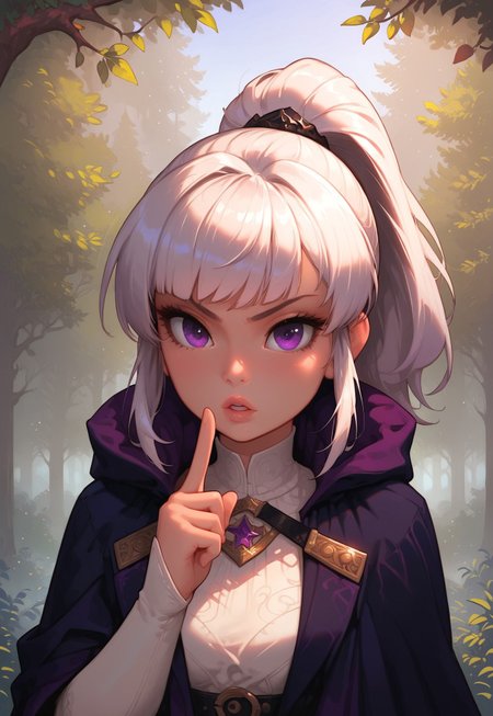 high detail, Smooth, sharp lines, score_9_up, score_8_up, detailed, masterpiece, super cute style, 1girl, solo, forest, outdoors, white robes, white hair, ponytail, purple eyes, black belt, bangs, serious, (index finger on lips, parted lips, mouth slightly open), front view, upper body, short purple cloak