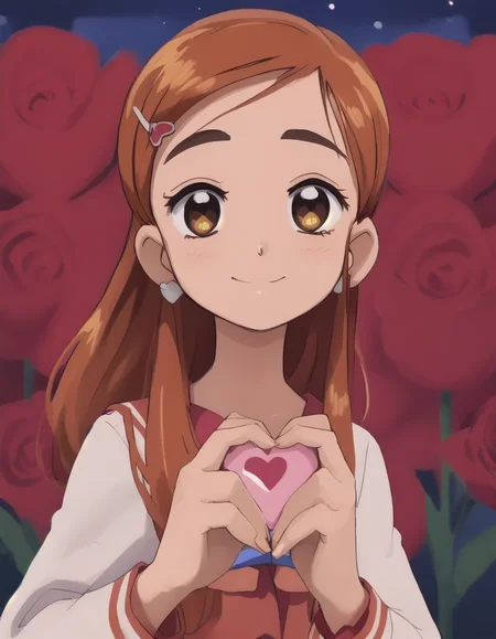 score_9_up, score_9, score_8_up, score_7_up, rating_explicit, bokeh, flat colors, lineless, vector art, vector graphics, z0nkp4nch, cute, 1girl, alone, solo, portrait, narrowed eye, big smile, pov, handing out heart, holding heart, flower field, roses, starry night, Honoka Kosaka, Love Live! School Idol Project, Orange hair, Shoulder-length hair, Side ponytail with orange ribbon, Amber eyes, Fair skin, Energetic appearance, School uniform attire, Orange-themed accessories, Slightly messy hairstyle, Noticeable ahoge, honoka