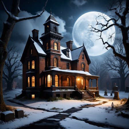 EdobHorrorLandscape,  a photorealistic eerily atmospheric image of a haunted house in a desolate landscape covered with freshly laid snow. The scene is set under a full moon, casting an ethereal glow across the setting. The house, central in the composition, should appear old, decrepit, and seemingly abandoned, exuding a sense of foreboding. Its architecture is Victorian, with turrets, tall windows, and a crumbling facade, adding to its ghostly presence. Around the house, scatter numerous gravestones and crypts, capped with snow, each with weathered tombstones, hinting at the house's dark history. The remnants of an old brick and metal wall encircle the property, suggesting a once fortified but now forgotten estate. The surrounding landscape is barren, frozen and cold, with a few leafless trees silhouetted against the moonlit sky, enhancing the haunted ambiance. The entire scene should be cinematic in quality, with a focus on realistic textures and details, such as peeling paint on the house, rust on the metal, and moss on the bricks. The lighting should be moody and dramatic, with shadows and highlights playing off the house and graves, and the moonlight reflecting off the snow, creating an intensely scary and immersive environment. An eerie smoke drifts from the chimney <lora:EdobHorrorLandscape_XL_v1.0:0.8>,<lora:add-detail-xl:1.2>, 8k, uhd, masterpiece, high quality, best quality,