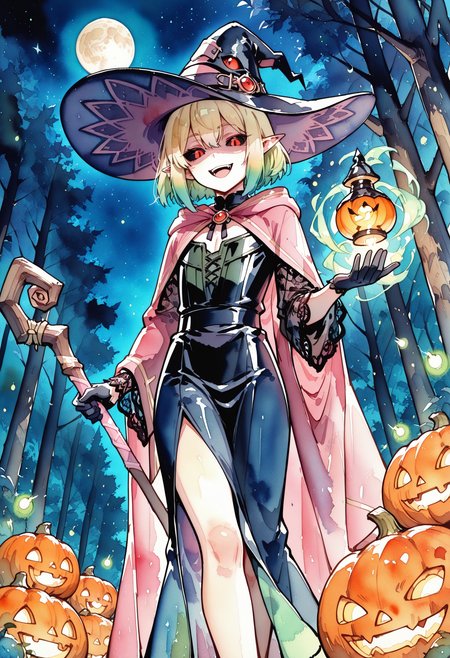 1boy, trap, dlat chest, pointed ears, small eyes, black sclera, red eyes, bob hair, ((blonde hair), green hair, gradient hair), skinny, 
 holding staff, witch clothes, pink silk robe, lace sleeves, witch hat, 
forest, flying fireflies, night, moon, stars, 
evil smile, looking at viewer, open mouth, gloves , casting spell, magic glow, magic circle on hand, 
 front view, from below, standing, dark theme, pumpkin lamp,
masterpiece,best quality,amazing quality,  <lora:watercolor2IL-style:1>, pastel color, watercolor, traces of water paint,