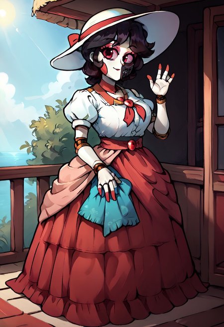 zPDXL3, score_9, score_8_up, score_7_up, score_6_up, score_5_up, score_4_up, Aria, IncrsPchVacation, short black hair, red skirt, sun hat, puffy sleeves, white shirt, long skirt, puffy short sleeves, short sleeves, white headwear, high heels, shirt, jewelry, white skin, pale skin, robot joints, waving, looking at viewer,