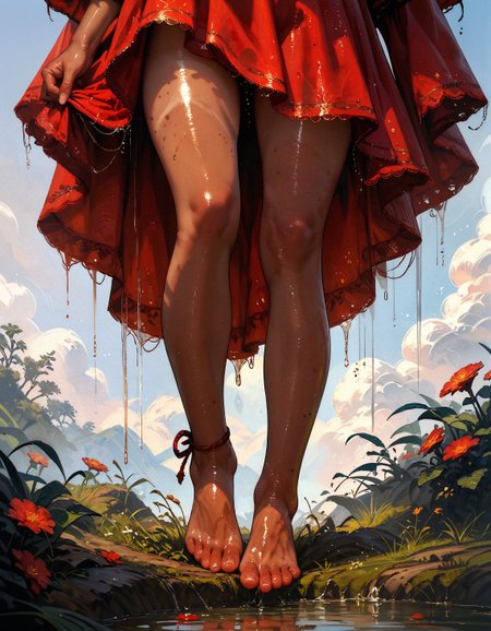 score_9, score_8_up, score_7_up, score_6_up, score_5_up, score_4_up,   lower body, solo, girl, feet, long legs, on tiptoes, barefoot, red ribbons on legs, soles, oiled skin, shiny skin, tan skin