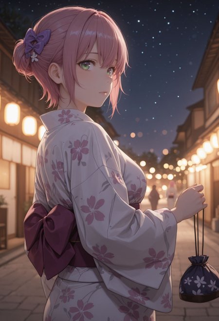masterpiece,best quality,absurdres,highres,very aesthetic,high quality,detailed,insanely detailed,beautiful,perfect lighting, ,depth of field,blurry background,bokeh, looking at viewer, 
,  <lora:Sakuragi Naruha Illu :1> 1girl, short hair, pink hair, purple eyes,
night sky, hair ornament,, floral print, star (sky), bag, yukata, sash, obi, outdoors, starry sky, looking at viewer, holding, long hair, green eyes, hair bow