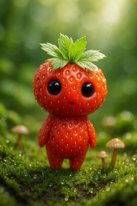 A breathtaking, ultra high-resolution (8K) macro photograph of a small Kodama forest spirit inspired by Studio Ghibli, standing on a mossy forest floor. This Kodama has the whimsical body shape of a classic Kodama, but its skin resembles the surface of a ripe strawberry—vivid red with tiny yellow seeds and a glossy texture. On top of its head, a small cluster of fresh green leaves forms a leafy crown, reminiscent of a strawberry stem. The Kodama’s large, expressive, dark eyes gaze curiously at the viewer, radiating innocence and wonder. Dewdrops glisten on the vibrant green moss and miniature mushrooms surround the Kodama, enhancing the sense of magical realism. Soft, ethereal rays of sunlight filter through lush, out-of-focus foliage in the background, creating a dreamy, enchanting atmosphere. The photo is hyper-detailed, with shallow depth of field and beautiful bokeh, capturing every tiny detail of the Kodama’s strawberry-textured skin, the moss, and the natural environment. The mood is whimsical, mysterious, and enchanting, evoking the spirit of classic Ghibli animation.