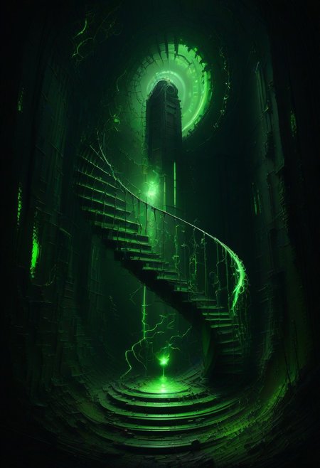 green sun, electricity, green glow, green theme, Necron, spiral staircase, chaos,