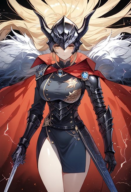 score_9, score_8_up, score_7_up, score_6_up, RAW, 8k, source_real, source_anime, cowboy shot, mlbszw, eldringpxl, elden ring, blue eyes, 1girl, solo, alternate costume, electricity, red lightning, dragon lord, dragon knight, full armor, plate armor, black armor, gold trim, breastplate, shoulder armor, pauldrons, armored boots, cuisses, gauntlets, holding sword, straight sword, crossguard, long hair, breasts, looking at viewer, blonde hair, very long hair, large breasts, military uniform, black cape, red cape, fur-trimmed cape, dragonlord placidusax, Expressiveh, azur lane, detail1eye,