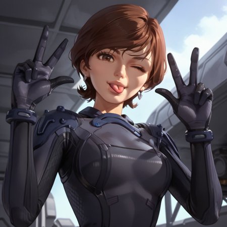 score_9, score_8, score_7, break, margaret_fb, short hair, brown hair, brown eyes, earrings, bodysuit, one eye closed, tongue, v, sexy, low angle, looking at viewer, natural lighting