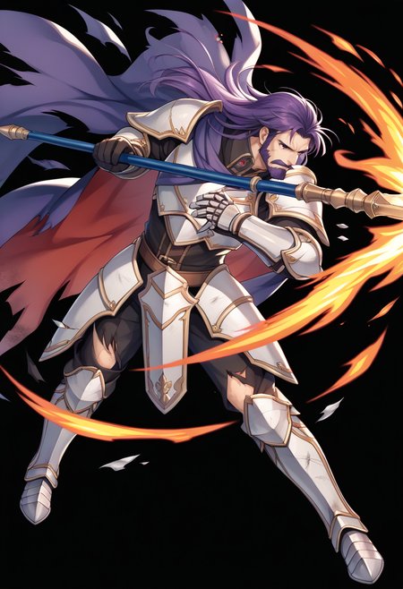 score_9, score_8_up, score_7_up, source_anime BREAK <lora:feh-style-richy-v1_pdxl-05:1>fehdmg, solo, long hair, simple background, gloves, 1boy, holding, purple eyes, full body, weapon, purple hair, male focus, boots, cape, holding weapon, armor, torn clothes, facial hair, fire, polearm, black background, shoulder armor, gauntlets, beard, pauldrons, spear, mustache, armored boots, aura, holding polearm, greaves, torn cape, purple cape