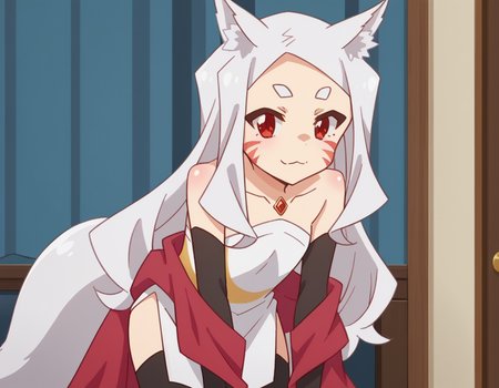 score_9, score_8_up, score_7_up, source_anime,
kitsuneshiro, <lora:kitsune-shiro-s1-ponyxl-lora-nochekaiser:1>,
shiro, long hair, red eyes, animal ears, tail, animal ear fluff, fox ears, fox tail, facial mark, thick eyebrows, fox girl,
thighhighs, gloves, dress, bare shoulders, jewelry, collarbone, black gloves, elbow gloves, black thighhighs, white dress, strapless, strapless dress, shawl,
indoors, bent over, smile,
cowboy shot, looking at viewer, solo,