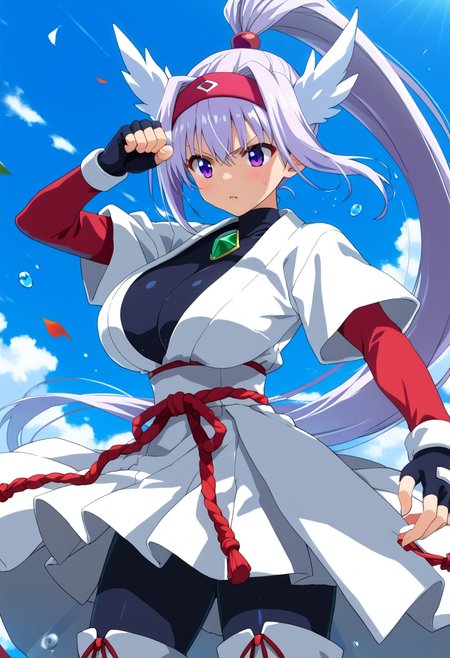 score_9, score_8_up, score_7_up, score_6_up, score_5_up, source_anime,
1girl, solo,
<lora:akidra3:1>, akidra, blue and grey and white hair, very long hair, purple eyes, high_ponytail, no pants, thigh boots, white boots,  long skirt, white skirt, white japanese clothes, red rope, hairband,headband,head wings, gem, black tight shirt, white sash, white kimono with short sleeves, long sleeves, red sleeves,black fingerless gloves
 shiny skin, sweat, huge breasts, fighting stance,