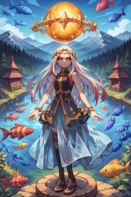score_9, score_8_up, score_7_up, source anime, BREAK, <lora:Maxwell:0.8> , mxwdef, 1girl, colored sclera, black sclera, yellow eyes, white hair, long hair, multicolored hair, (red highlights), circlet, black dress, sleeveless dress, bracelet, gold trim, blue sarong, sarong, see-through sarong, black thighhighs, full body, looking at viewer, night, overlooking forest, mountain, high altitude, scenery, exterior, <lora:backgroundsetXL:0.2> , background, (solo), serious expression, floating, orbs, fish, dragon, clutter, floating objects, orb, purple wing,  <lora:hand 4:0.45> , Hand, hands, perfect hands,   <lora:cr33pp41ntXLP:0.6> , cr33pp41nt,