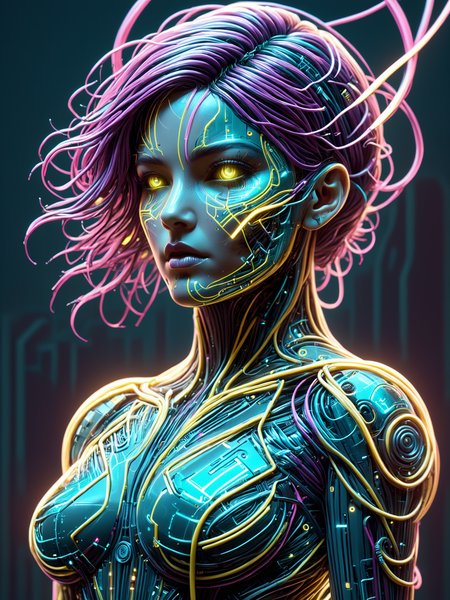 female cyborg made of mad-cable,  in the style of alphonse mucha, geometric pattern in the background, neon yellow lightning, neon teal lightning, neon magenta lightning, cables, wires, synthwave, vaporwave, retro futurism, circuitboard, dark futuristic <lora:Dark_Futuristic_Circuit_Boards:0.6>    <lora:Cables_SDXL:0.8>  <lora:Neon_Cyberpunk_SDXL_Cyberspace:0.5> mad-cyberspace, cyberpunk, scifi, 1980s, retro <lora:aesthetic:1> aesthetic <lora:sd_xl_dpo_lora_v1:1>, (masterpiece:1.2), best quality, (hyperdetailed, highest detailed:1.2), high resolution textures
