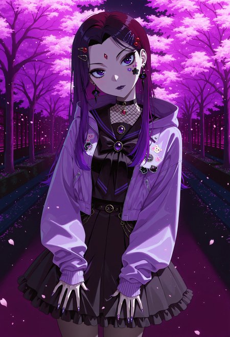 safe_pos, 1girl, Raven, purple eyes, purple hair, long hair, forehead jewel, medium breasts, multicolored hair, gradient hair, two-tone hair, hair ornament, (too many hair ornaments:1.2), hairpins, masterpiece, best quality, absurdres,
(fashion, yami kawaii, goth fashion, decora:1.2), dark pastel colors, black serafuku, fishnet shirt, frilled skirt, circle skirt, petticoat, layered clothes, pastel purple jacket, leather jacket, hood down, sleeves past wrists, dark red  blouse, bows, ribbons, earrings, gem brooch, jewelry,
lipgloss, dark purple lips, long eyelashes, dark eyeshadow, goth makeup, nail polish, long fingernails, purple nails, (nail art:1.2),
outdoors, night, cherry blossom trees, shadow, (dark),
solo, cowboy shot, looking at viewer, head tilt, closed mouth, hands on skirt, sticker on face, sticker on hair,
intricate, highly detailed, majestic, shallow depth of field, movie still, circular polarizer, light particles, particles