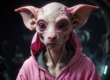fantasy photoshot, pink (alien:1.2) dog (species:1.2) head, highly detailed, sad, exciting, looking viewer, torn robe <lora:alien-species:0.65>