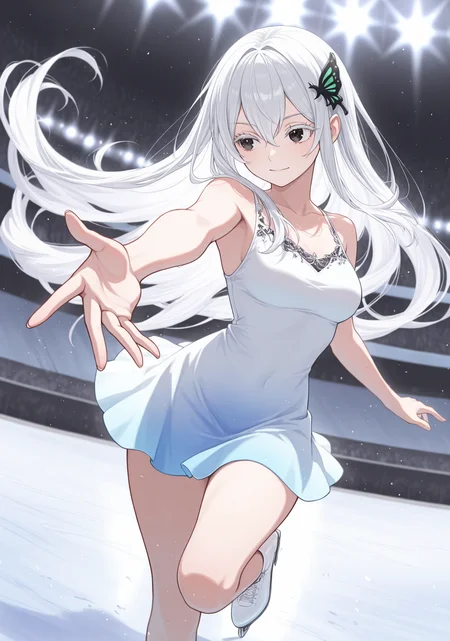 masterpiece, best quality, 1girl, solo, Echidona, white hair, hair between eyes, long hair, thick eyelashes, colored eyelashes, bare arms, figure skating dress, short dress, sleeveless, gradient clothes, arena, audience, ice skating, leg up, foreshortening, light particles, outstretched arm, looking to the side, black eyes, butterfly hair ornament, RNDFit, bare legs, cross-laced footwear, white footwear, ice skates, light smile, closed mouth