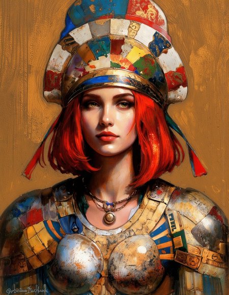 By Joshua Burbank. A digital painting of a portrait of a woman with vibrant red hair, wearing elaborate armor with a colorful patchwork design and a large, ornate headpiece. the woman, who appears to be in her early twenties, is positioned in the middle of the image, facing the viewer with a serious expression. she has fair skin, red hair styled in a bob cut, and her eyes are a striking brown color. her face is adorned with intricate, colorful makeup, and she is wearing a necklace with a pendant. the background is a textured, textured wall with a warm, golden hue, giving the image a sense of depth and texture. the artwork is signed "josh bobbak" in the bottom left corner, adding a personal touch to the overall composition. the style is reminiscent of ancient egyptian art, with bold, vibrant colors and intricate details that bring out the beauty of the woman's face and clothing.
