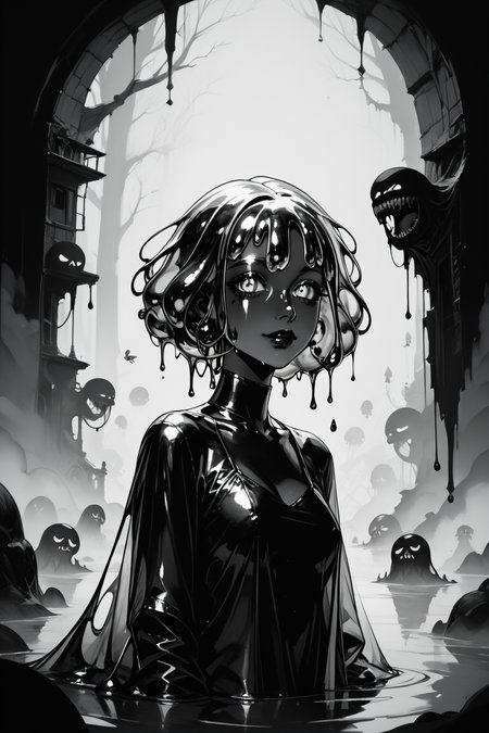 score_9, score_8_up, score_7_up, score_6_up, score_5_up, score_4_up, <lora:GRIM_v1:1>  greyscale, monochrome, limited palette, horror (theme), eldritch abomination, chaotic, silhouette,, <lora:wizardslimev15-t:1> wizardslimus, slime skin, transparent head, transparent body, transparent hair, transparent face, transparent, slime girl, <lora:030483P:0.8> 030483P, woman, 24 years old, <lora:Breast Slider - Pony_alpha1.0_rank4_noxattn_last:0.4>