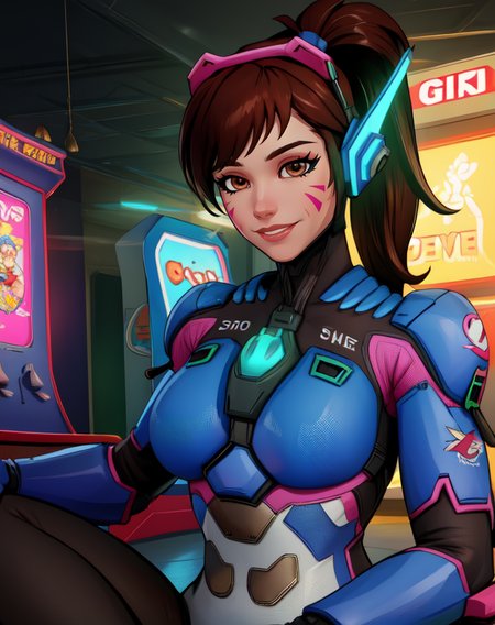 Dva, brown hair, brown eyes,  facial mark,   ponytail, 
bodysuit, armor,   headphones, looking at viewer,  breastplate, 
upper body, sitting, 
arcade, indoors,  neon lights,  smile, 
(insanely detailed, beautiful detailed face,beautiful detailed eyes, masterpiece, best quality),solo, <lora:DvaOW2-10:0.8>