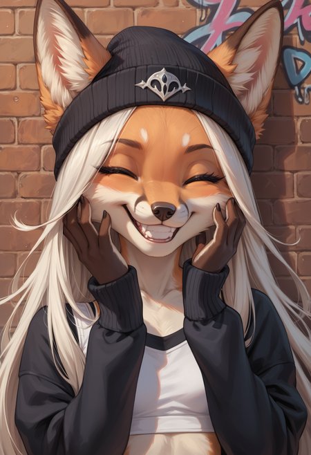 score_9, score_8_up, score_7_up, source_fantasy, high quality, perfection, detailed, aesthetic,
1girl, solo, (face focus:1.2), (close-up:1.2),
brick wall, (graffiti:1.4), 
female, anthro, beautiful girl, cute girl, young, youthful, beautiful face, detailed face,  
(fox:1.1), orange fur, small breasts, petite, white hair, very long hair, straight hair, ears through hat,  
gothic, beanie, black cardigan, (white crop top:1.1),  
hands on own face, happy, happy expression, closed eyes, wide grin,