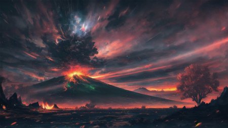 long shot, single volcano erupting, lava in the distance, (raining fire:1.1), blowing smoke, (red sky:1.2), ash on ground, destroyed forest, ash, green trees in foreground, (smoke:1.2), low visibility, <lora:FantasyLandscape:.6>, fanlan,  <lora:epi_noiseoffset2:.4>, art by evan cagle and greg rutkowski,