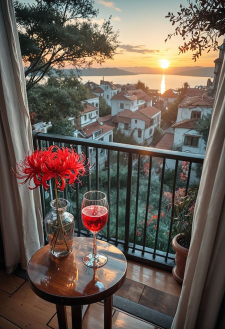 SmoothNoob_Quality, balcony, scenery, sky, spider lily, spot color, sunset,  drinking glass, vase, <lora:Smooth_Booster:0.5>​​​