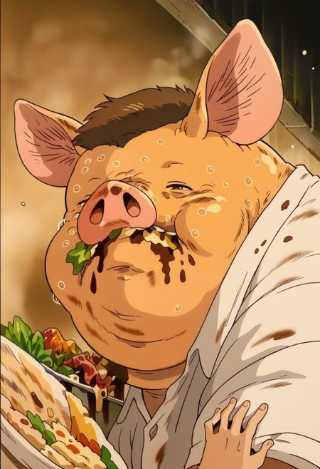 score_9, score_8_up, score_7_up, score_6_up, ghbl, 1boy, pig, food, sweat, eating, dirty room, brown hair