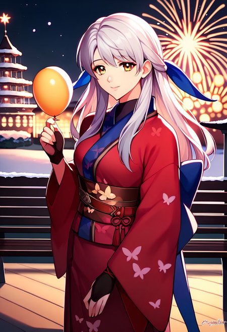 score_9, score_8_up, score_7_up, highres, (best quality:1.1), masterpiece, absurdes, 1girl, solo, long hair, looking at viewer, smile, standing, outdoors, night, bench, balloon, lamppost, ferris wheel,  micaiahkimono, looking at viewer, grey hair, half updo, hair ribbon, japanese clothes, red kimono, butterfly print, sash, obi, long sleeves, wide sleeves, black gloves, fireworks, winter, snow, sad smile, upper body