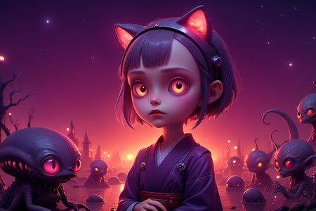 cute little Japanese (alien:1.1) anime, l, detailed scene, perfect face, intricately detailed photorealism, trending on artstation, neon lights, misty night, stunning full body anime art by (Mark Ryden:1.1)   <lora:Nicoletta_Ceccoli_2:0.4> Nicoletta Ceccoli  <lora:another-bored-monsters:0.35> fx-monsters, subsurface scattering, ultra hd, 4k, high def, Photorealistic, Hyperrealistic, Hyper detailed, analog style, realistic, masterpiece, best quality, ultra realistic, 8k, Intricate, High Detail, film photography, soft lighting,  heavy shadow