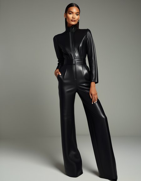 A sleek full-body shot of a model in a structured black leather jumpsuit with a high neckline and wide-legged pants. The jumpsuit hugs her figure, her long legs accentuated by stiletto heels, her hair slicked back, her eyes fierce and focused. <lora:usual-portrait-v2:1>