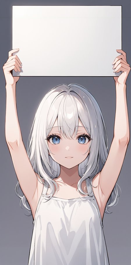 masterpiece,ultra-detailed,best quality,8K,illustration,cute face,clean skin ,shiny hair,girl,ultra-detailed-eyes,simple background, <lora:add-detail-xl:1> <lora:folding sign_XL_V1.0:0.8> folding sign,arms up