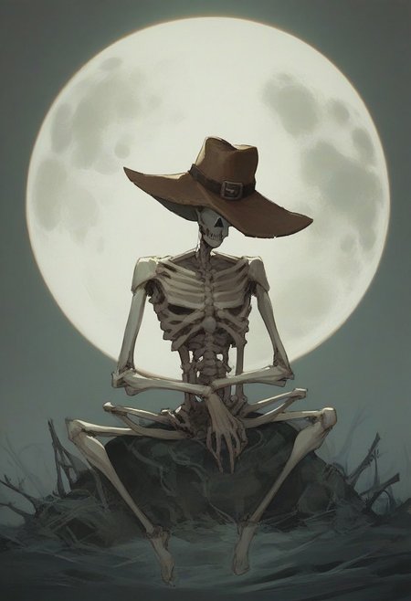 score_9, score_8_up, score_7_up, full dark, no stars, skeleton wearing cowboy hat, sitting on moon
