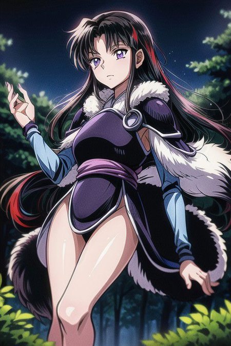 masterpiece,  best quality 1girl Setsun4 solo long hair,  (night time) forest background black hair very long hair purple eyes multicolored hair armor (fur trim) (medium body),<lora:EMS-179-EMS:0.800000>,<lora:EMS-293862-EMS:0.800000>