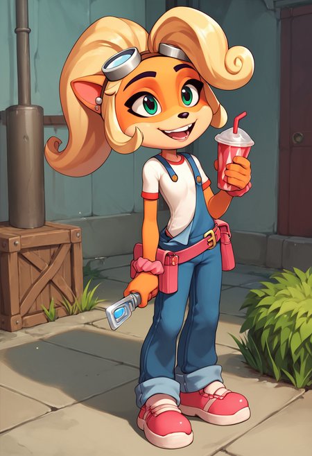 PonyXLV6_Scores,source_anime,masterpiece,best quality, highly detailed, perfect anatomy,amazing quality,
BREAK
 <lora:coco:0.8>coco,solo, 1girl, smile, happy, goggles, overalls, jewelry, furry, earrings, shirt, flat chest,  shoes, full body, animal ears, teeth, standing, furry female, short sleeves, gradient, two-tone fur, green eyes, body fur, goggles on head, blue overalls, white shirt,  red footwear, sidelocks, animal nose, blonde hair, heart, belt, pink footwear, open mouth, wrist scrunchie, grin, artist name, ponytail, shiny, pants,  blue pants, parted lips, holding, pouch, orange hair, long hair,outdoors,