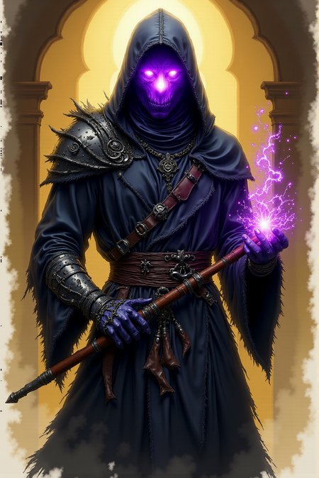 <lora:Vibrant_watercolor_v.21:0.99> VibrantlySharp style.  Watercolorsketch style. This dark and enigmatic figure embodies the essence of a shadowy sorcerer, cloaked in mystery and infused with a sinister, arcane energy. Draped in a tattered, hooded robe of deep black and murky gray, the figureâs face is obscured save for a glowing, ethereal violet light that emanates from within the hoodâa pulsing void that exudes otherworldly menace. The texture of the robe is rough and frayed, adding a sense of age and wear, as though it has endured countless rituals and battles. The sorcererâs gaunt, sinewy arms are partially covered in battered armor pieces, etched with runic symbols glowing faintly with the same malevolent purple energy that courses through their being. One hand grips a gnarled staff, its jagged form twisted and unnatural, pulsing with tendrils of violet energy that flicker and writhe like living flames. The other hand glows with raw power, engulfed in crackling, purple arcane fire that seems ready to unleash destruction at a momentâs notice. The magical light illuminates the figure faintly, casting eerie shadows and emphasizing their commanding presence. Around the sorcererâs waist hangs an assortment of arcane toolsâa rusted belt adorned with metal rings, ancient scrolls, and a tome bound in cracked leather, suggesting a mastery of forbidden knowledge. The figureâs stance is powerful yet poised, as if preparing to invoke a dark incantation or summon forces from beyond the mortal realm. The backdrop is an abstract void of swirling earthy tones and dim yellow light, giving the impression of an oppressive, desolate environment. Faint arcane glyphs, rendered in luminous violet, hover ominously in the air behind the figure, adding to the sense of ritualistic magic and forbidden power. The painterly style enhances the raw energy of the piece, with loose, textured brushstrokes emphasizing movement and atmosphere over fine detail. This dark mage radiates an aura of dread and mystical authority, a being shaped by the darkness they wield and feared for the destructive power they command.