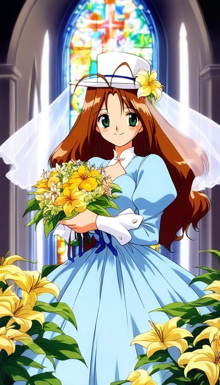 score_9, score_8_up, score_7_up, source_anime, rating_explicit, BREAK <lora:Tanima_Yuri_XL:1>Tanima_Yuri, 1girl, solo, long hair, brown hair, green eyes, antenna hair, breasts, 1990s (style), anime coloring, smile,
light blue dress,  lily (flower), wedding church, flower, bouquet, church, Stained glass,holylight, hat. white hat,
hair flower, hair ornament, smile, puffy sleeves, long sleeves, 
juliet sleeves, bridal veil, bow,